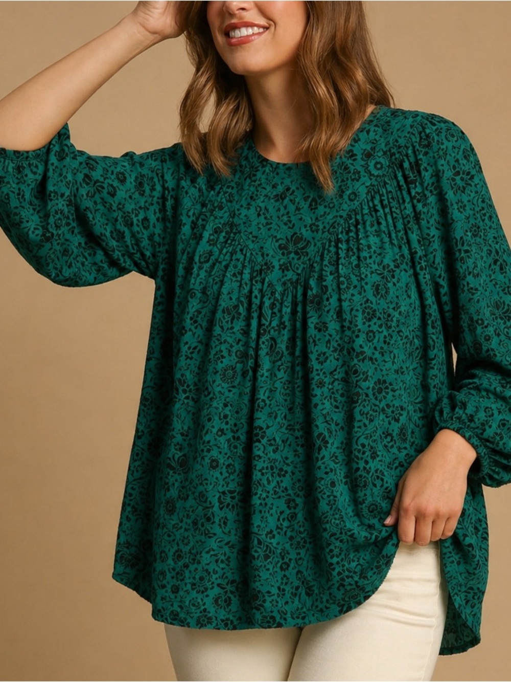 Knox Rose Green Black Floral Boho Peasant Blouse Puff Sleeve NWT XXL